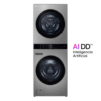 Vista frontal de LG WashTower™ de 25kg de Lavado / 20kg de Secado - AI DD™, ThinQ™ con Motor Dual Inverter Heat Pump, Platinum Silver + Microondas LG NeoChef™ 20 L EasyClean™, Negro WK25VMS2032